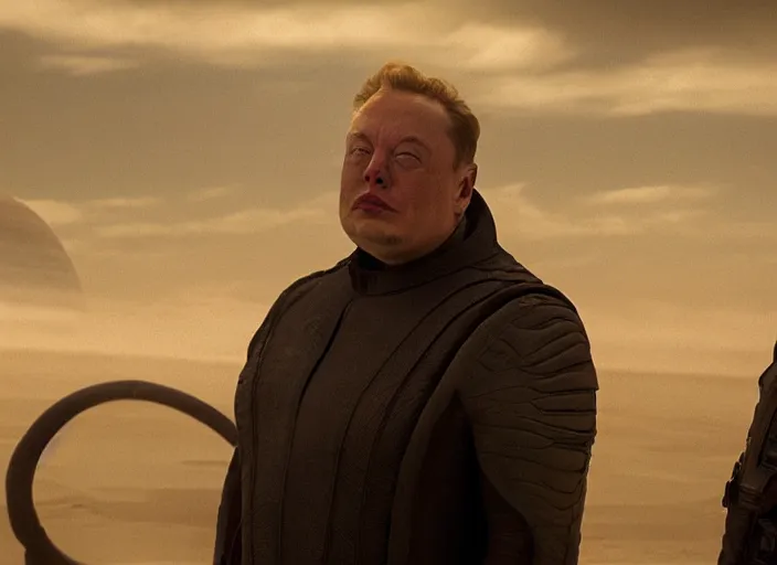 Prompt: elon musk as baron harkonnen in a black oil bath, Dune, Denis Villeneuve, film look