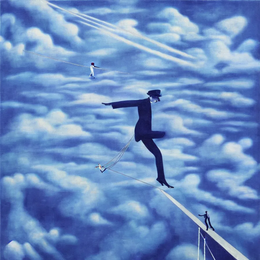 Image similar to surrealist artwork about a tightrope walker among the clouds falling down into a megacity full of illusions '. blue indigo colour scheme