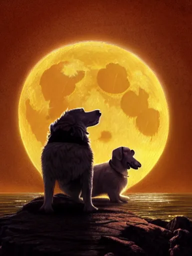 Prompt: two dogs howling at the moon, looking at the ocean the ocean. intricate, elegant, highly detailed, digital painting, artstation, concept art, sharp focus, illustration, by justin gerard and artgerm, 8 k