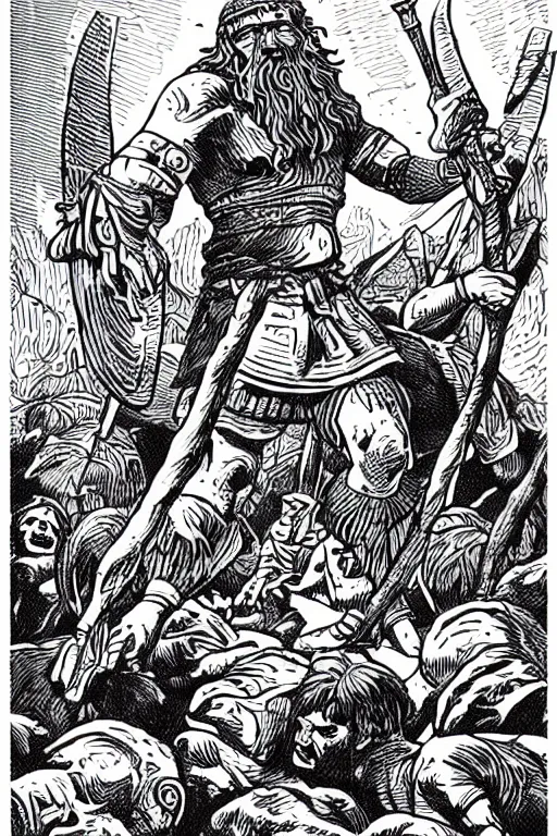 Image similar to ancient historically accurate depiction of the Bible Character Goliath of Gath, the Philistine warrior giant by mcbess