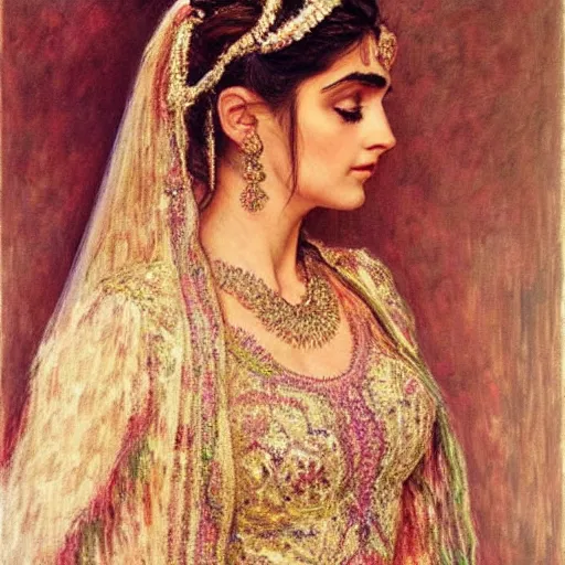 Image similar to full body portrait of a beautiful Kurdish bride wearing a beautiful wedding dress, very detailed eyes, hyperrealistic, beautiful and symmetrical face, very detailed painting by Claude Monet and Alphonse Mucha, trending on artstation, extremely high detail, incredibly intricate