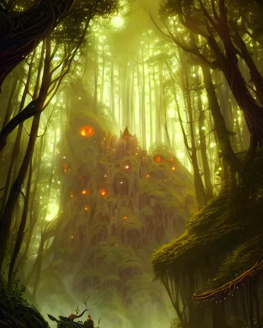 Image similar to magical forest city of the elves, fireflies, deep focus, d & d, fantasy, intricate, elegant, highly detailed, digital painting, artstation, concept art, matte, sharp focus, illustration, hearthstone, art by greg rutkowski and alphonse mucha and andreas rocha