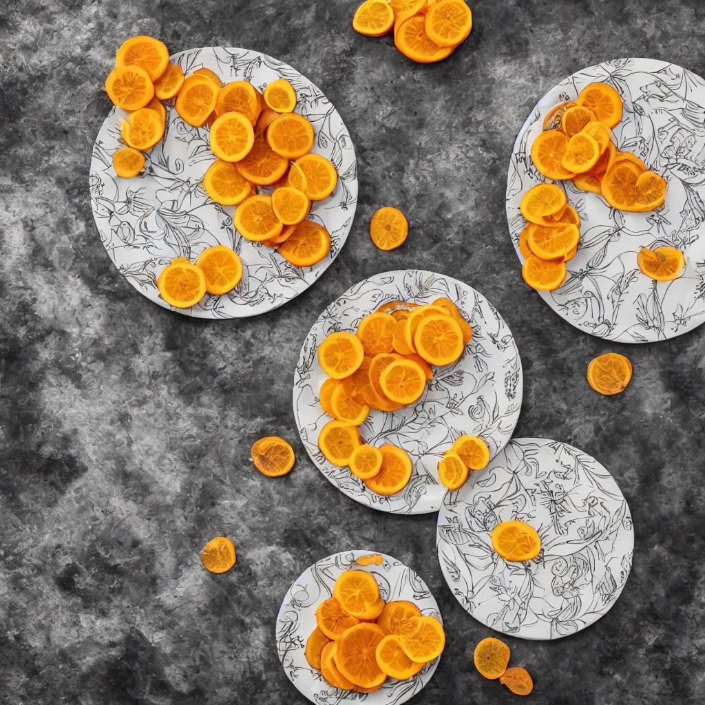 Image similar to very long circular bananas with cut orange slices and leaves, on art nouveau embroidered designer plate with flowery pattern closeup, hyper real, food photography, high quality