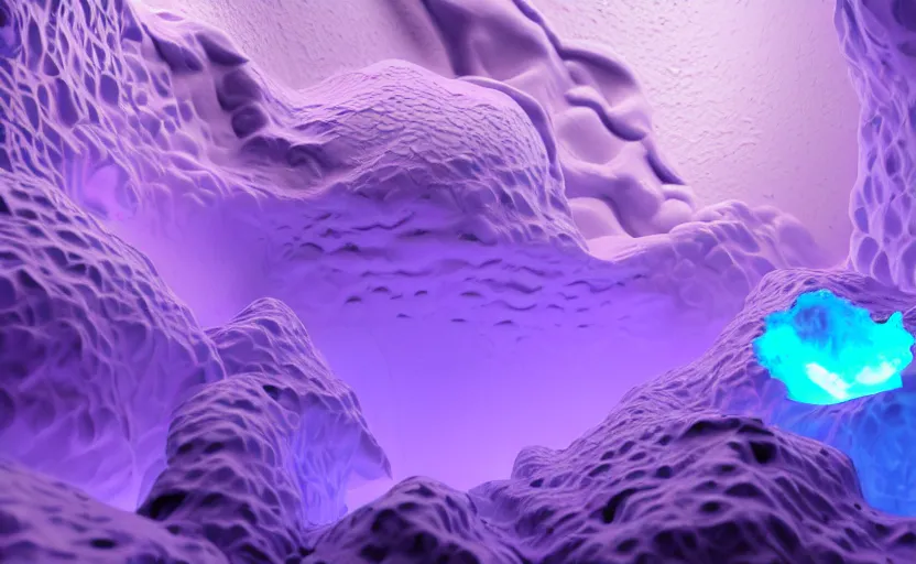 Image similar to liquid nitrogen with purple water-cooling coolant flowing through latent representations of yellow ice caverns by centrifugal forces, computer circuitry sticking out the walls!!!!, high detail, high contrast!, low-poly elements!!!, trending on artstation, octane render, subsurface scattering, ray-tracing, 4k