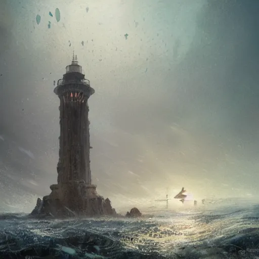 Image similar to the tower of hercules at the bottom of the sea, under water, greg rutkowski, 8 k, shallow depth of field, intricate detail, concept art,