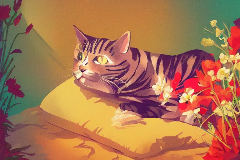 Prompt: a digital art of an american shorthair sleeping in the room with flowers around in the afternoon, the sun shines in, animal, light effect, highly detailed, by anton fadeev