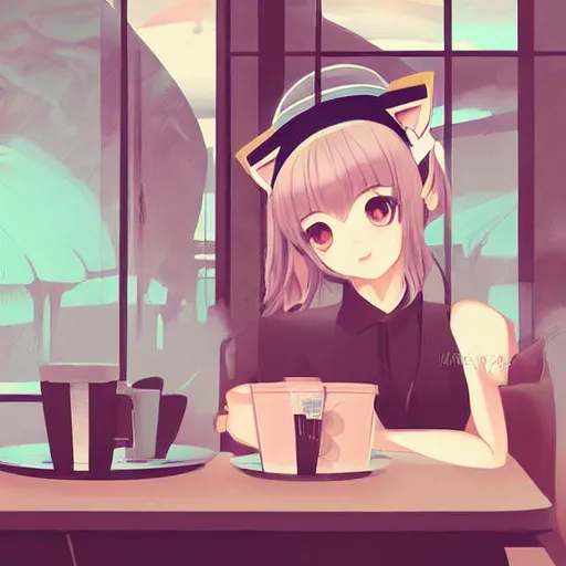 Image similar to detailed painting of a cute character with animal ears relaxing inside a cafe, vector art by kobaruta and shinonoko, featured on pixiv, romanticism, warm lighting, 2 d game art, flat shading, pixiv