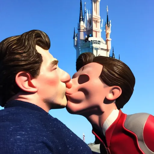 Image similar to Tom holland kissing the top of Walt Disney’s head