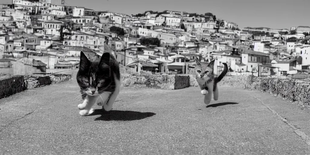 Image similar to photography of a cat running away with mortadella in his mouth at trullo houses town in the background, photoreal, 3 5 mm, award winning photography