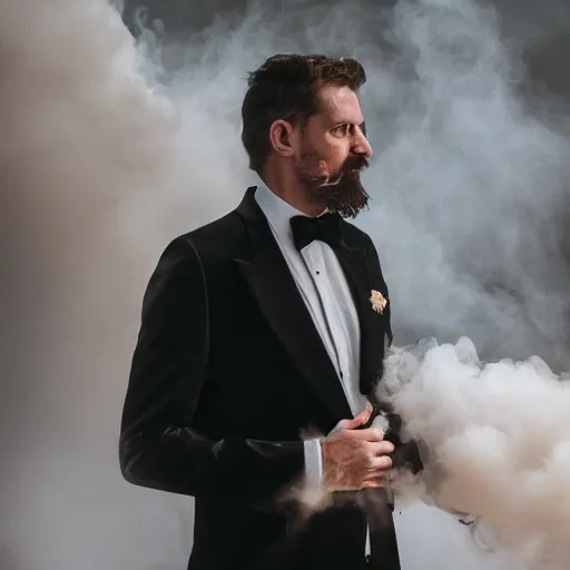 Prompt: Man wearing classy tuxedo inside cloud of smoke, Canon EOS R3, details, f/1.4, ISO 200, 1/160s, 8K, RAW, unedited