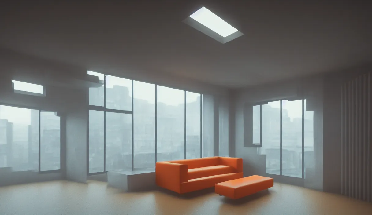 Image similar to an eco brutalist room with small windows, orange neon lights, dramatic lighting, hyper realistic, photography, 3 5 mm, kodak film, 8 k, octane render, unreal engine render, concept art, volumetric lighting, foggy