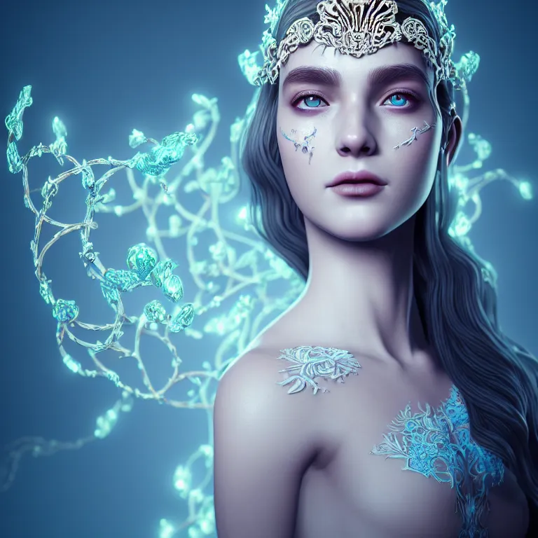 Image similar to wonderful princess of vines with a clear skin, ornate 8 k gorgeous intricate white detailed, accent blue lighting, dramatic light, octane render