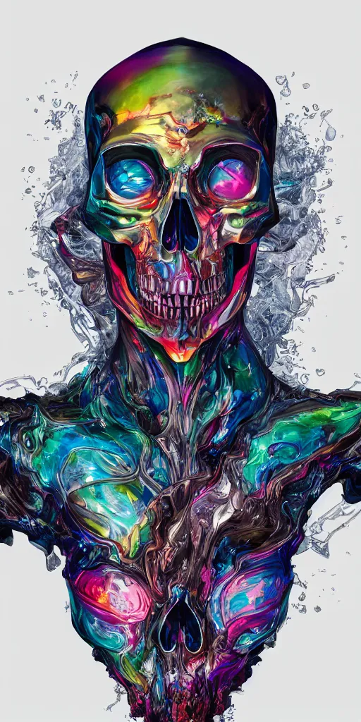 Prompt: symmetrical skull liquid surface form fused with human form fashion outfit concept design, rainbow iridescent accents, full body frontal view, Peter mohrbacher, zaha hadid, tsutomu nihei, emil melmoth, zdzislaw belsinki, Craig Mullins, yoji shinkawa, trending on artstation, beautifully lit, hyper detailed, insane details, intricate, elite, ornate, elegant, luxury, dramatic lighting, CGsociety, hypermaximalist, golden ratio, octane render, weta digital, micro details, ray trace, 8k,