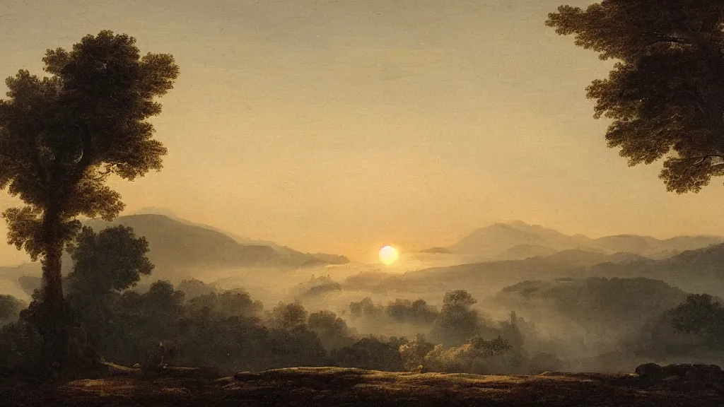 Image similar to so the sun set. i forgot to mention that a belt of mist lay between my hill and other hills, and that it was the color of pearl, claude lorrain