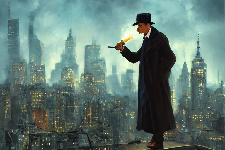 Image similar to portrait detective wearing a trench coat in profile smoking a sherlock holmes pipe on a perch facing the city at night, smooth, focus, highly detailed, hyper realistic, dramatic lighting, intricate, concept art, new york skyline, looking down, art by wlop, greg rutowski, artstation