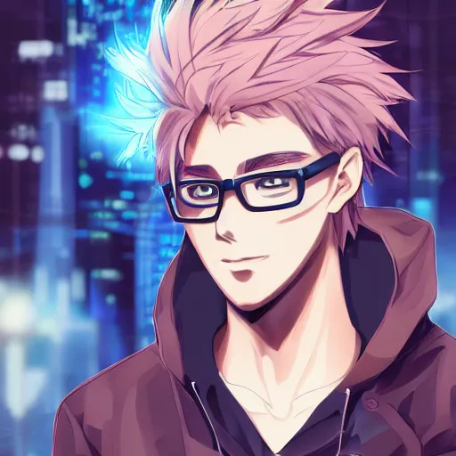Prompt: anime, game, modern american cyberpunk handsome attractive skinny young man with eyeglasses blue hair barista, bright lighting, high quality, ultra detailed, full body