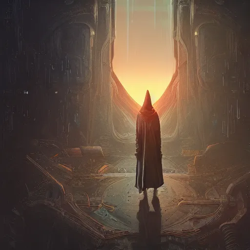 Image similar to hooded figure standing at the edge of reality gazing into the unknown, sunset on distant machine planet, steampunk, cyberpunk, detailed digital painting, smooth, sharp focus, artstation, artgerm, 4 k ultra hd, fantasy dark art