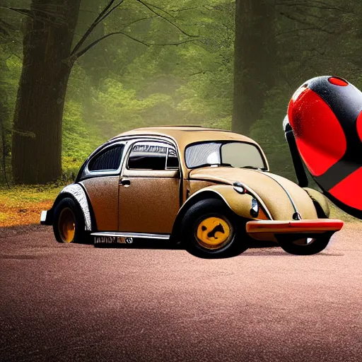 Image similar to promotional scifi - blockbuster movie scene of an insect - ladybug is mostly melded with a'glossy volkswagen beetle '. it wings and is flying down a dusty backroad along a gentle creek in smokey mountains tennessee. cinematic, muted dramtic color, 4 k, imax, 7 0 mm, hdr