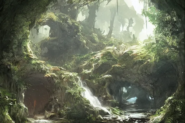 Prompt: 1 2 3 4 cave entrance surrounded by trees with a small water stream coming out of it, fantasy, highly detailed, art by greg rutkowski