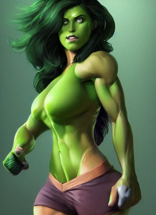 Image similar to she hulk portrait, hyper detailed, digital art, trending in artstation, cinematic lighting, studio quality, smooth render, unreal engine 5 rendered, octane rendered, art style by klimt and nixeu and ian sprigger and wlop and krenz cushart.