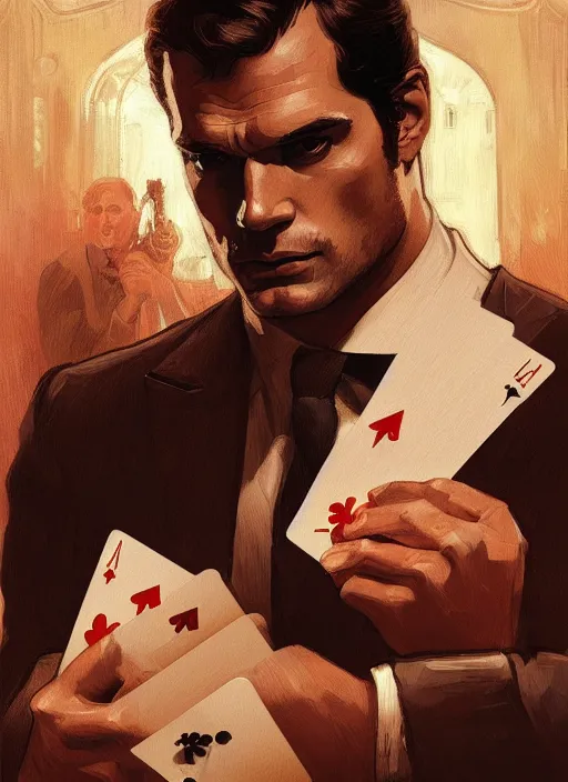 Image similar to portrait of henry cavill as james bond, casino, poker cards, highly detailed, digital painting, artstation, concept art, cinematic lighting, sharp focus, illustration, by gaston bussiere alphonse mucha