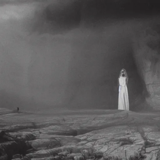 Image similar to 1 9 7 0's artistic western movie, a woman in a giant flowing incredibly long dragging white dress made out of white smoke, standing inside a dark western rocky scenic landscape, volumetric lighting