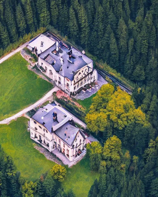 Prompt: mansion in the alps set on fire, zoomed out, shot from drone, iphone capture, fire