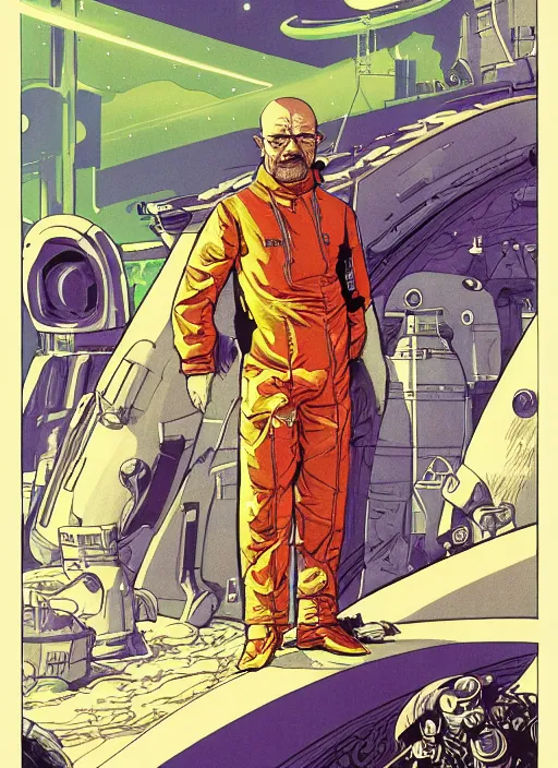 Prompt: Walter White as badass space wizard in retro science fiction cover by Moebius, vintage 1960 print, detailed, trending on artstation