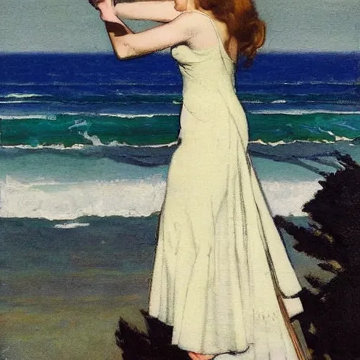 Prompt: woman on black dress, part leyendecker style, sea behind, pretty face, part dean cornwell style