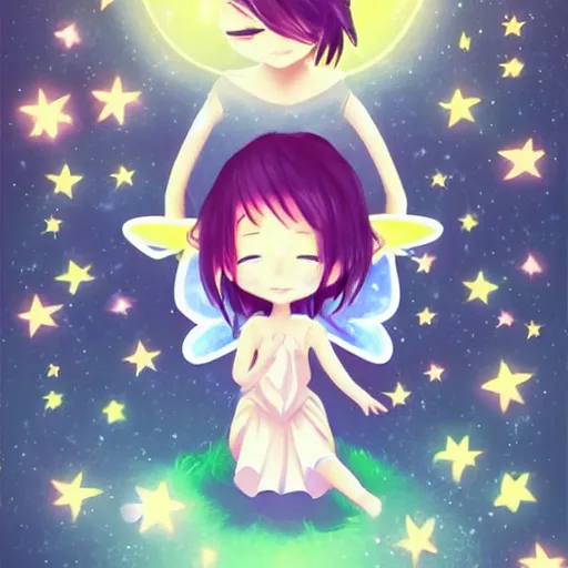 Prompt: magical small female and male fairies 🧚‍♂️ 🧚‍♀️ glowing effect as adorable anime style, young ,clear clean face,2D ,painter's style, gouache illustration, high contrast,cute, kawaii, chibi,golden ratio , rule of thirds,-H 768