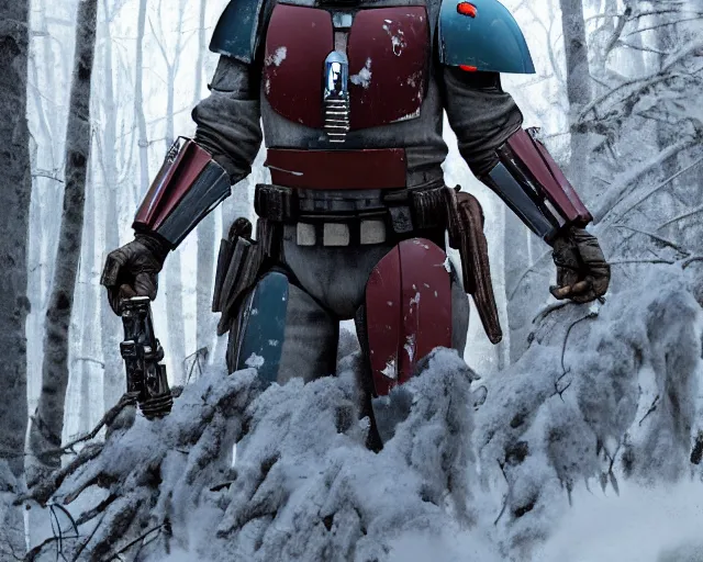 Prompt: jango fett mandalorian bounty hunter is surrounded by dead corpses with blood in a snow forest, concept art highly detailed, a mandalorian is looking at ahuge pile of grey helmets, great cinematic lighting, octane render, 8 k, depth of field, 3 d, art by greg rutkowski, trending on artstation, cinematographic shot