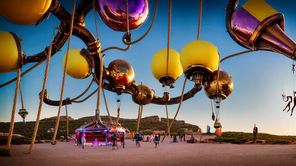 Prompt: large colorful futuristic space age metallic steampunk steam - powered balloons with pipework and electrical wiring around the outside, and people on rope swings underneath, flying high over the beautiful ibiza landscape, professional photography, 8 0 mm telephoto lens, realistic, detailed, photorealistic, photojournalism