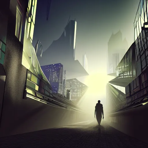 Image similar to futuristic urban island city at dusk. a shadowy figure with two bright, shining eyes peers out from the shadows of an alley. cgartist. leading lines. volumetric lighting. god rays.