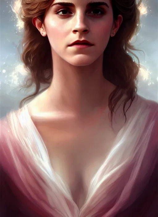 Prompt: emma watson as magic healer, white and rose cloth, shiny background, intricate, elegant, highly detailed, digital painting, artstation, concept art, smooth, sharp focus, illustration, artgerm, bouguereau
