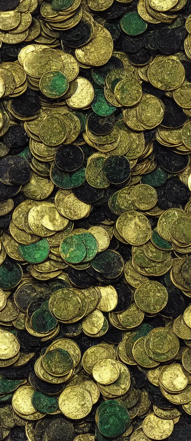 Image similar to green and black gold coins, extremely detailed, 8 k oil painting