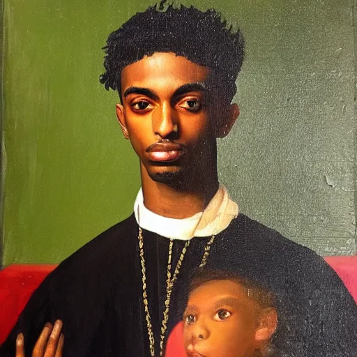 Image similar to a renaissance style portrait painting of playboi carti