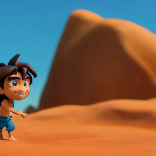 Image similar to a profile view of young aladdin as nendoroid walking in a desert in the croods movie style, anime, disney, pixar, 8 k, hd, dof, kodak film, volumetric lighting, subsurface scattering, photorealistic, octane render, details