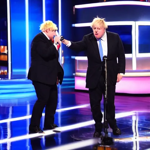 Image similar to boris johnson singing on americas got talent with a microphone | tomatoes and anchors being thrown 4 k photograph