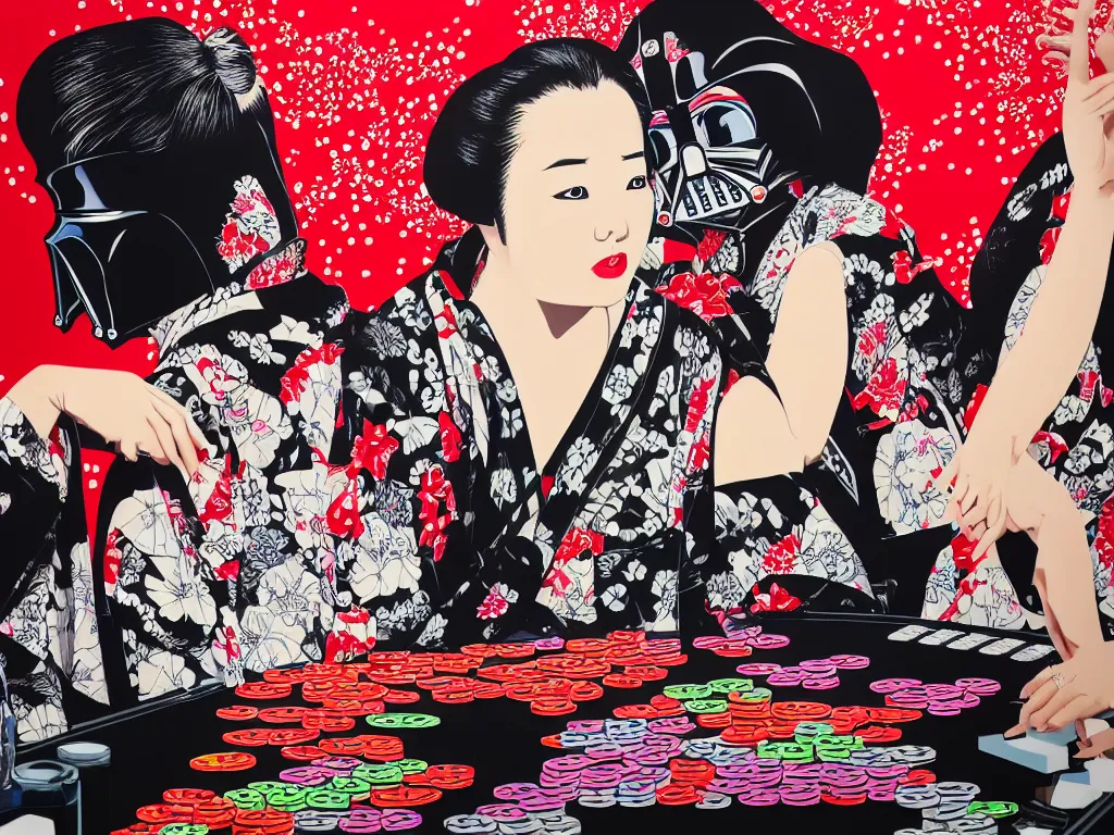 Image similar to hyperrealism composition of the detailed woman in a japanese kimono sitting at an extremely detailed poker table with darth vader, fireworks on the background, pop - art style, jacky tsai style, andy warhol style, acrylic on canvas