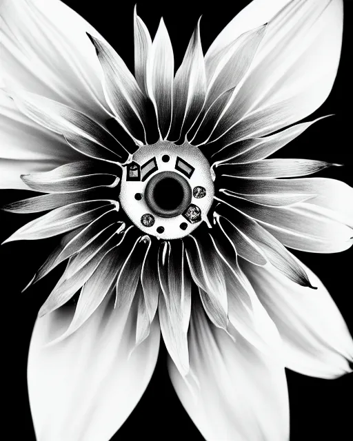 Image similar to black and white dreamy spiritual flower - fish - cyborg high quality portrait photo, microchip leaves, artificial intelligence, cinematic, rim light, photo - realistic, elegant, high detail, 8 k, masterpiece, high fashion