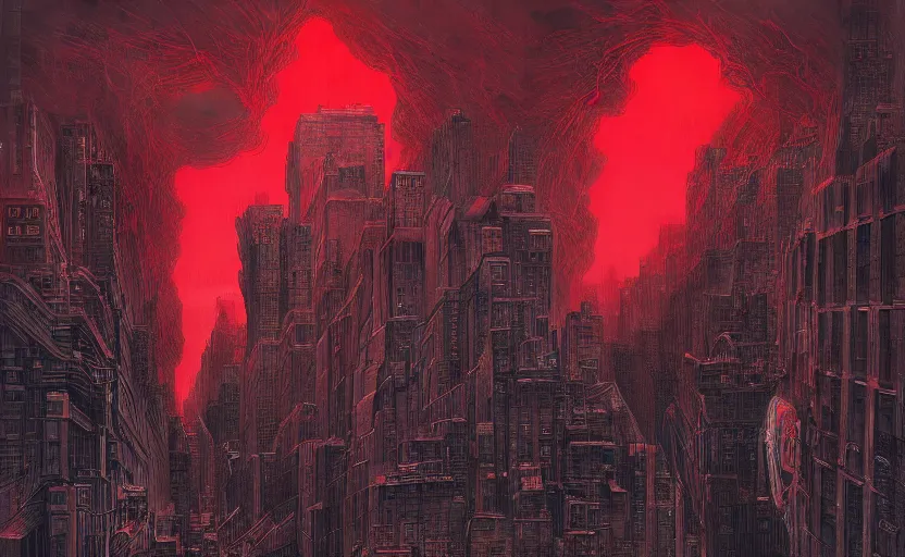 Image similar to an digital art of bodyhorror red alert storm that destroys new york city in style of zdislaw beksinski