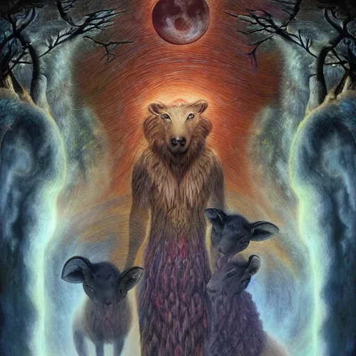Prompt: an anthromorphic wolf dressed like a sheppard with 2 sheep in a zen garden with a waterfall under the blood moon, by Adi granov and afarin sajedi and amanda sage and evgeni gordiets and Agostino Arrivabene and adonna khare in a psychedelic portrait style, ultrarealistic matte painting, volumetric lighting, fractal, extremely symmetrical, highly detailed face, orisha, 8k, hd