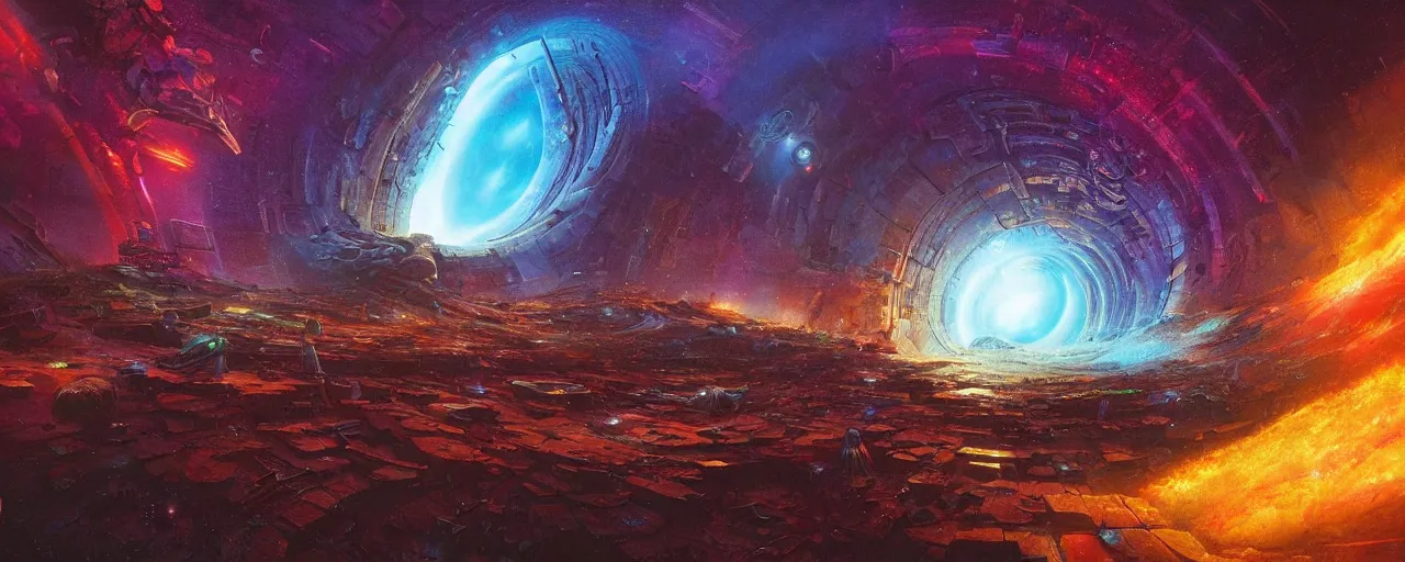 Prompt: ” wormhole, [ art by paul lehr, cinematic, detailed, epic, widescreen, opening, establishing, mattepainting, photorealistic, realistic textures, octane render ] ”