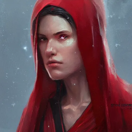 Image similar to portrait of a woman by greg rutkowski, jedi princess, straight black hair, jedi robes, star wars expanded universe, she is about 2 0 years old, elegant, graceful, wearing red jedi robes, highly detailed portrait, digital painting, artstation, concept art, smooth, sharp foccus ilustration, artstation hq