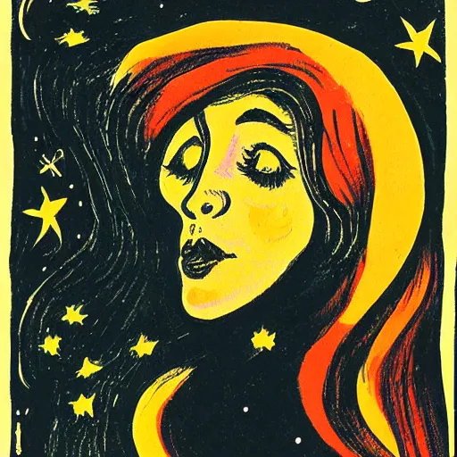 Image similar to Experimental art. A beautiful illustration of a young girl with long flowing hair, looking up at the stars. She appears to be dreaming or lost in thought. by Ernst Ludwig Kirchner, by Randolph Caldecott ghostly