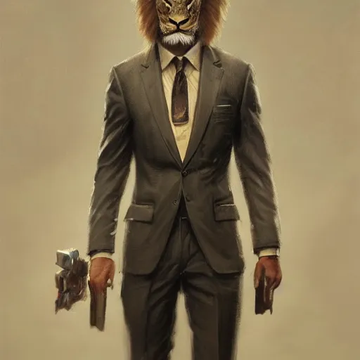 Image similar to A portrait of Lion, in a suit, fantasy art, art by greg rutkowski, matte painting, trending on artstation