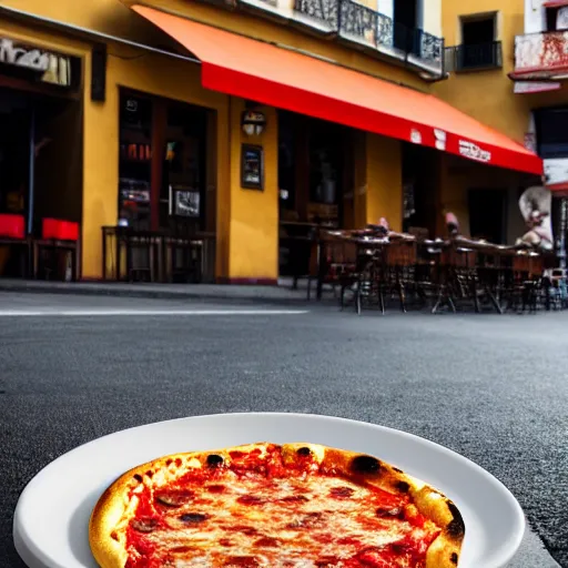 Image similar to Abstract Jeep Wrangler inspired by Italian pizza sauce, in front of a pizza shop in Italy, 4k photography