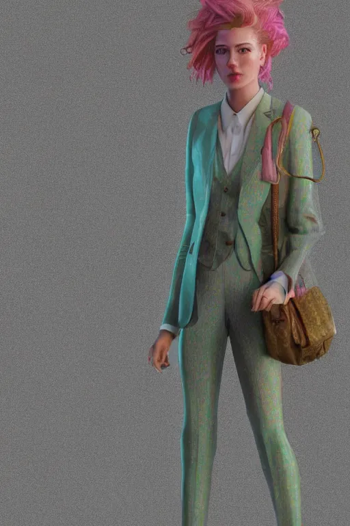 Prompt: a scene with a character wearing a super detailed muted color diy! suit with fluo details, vivienne westwood!, detailed photoreal render octane render, pointillism, full body