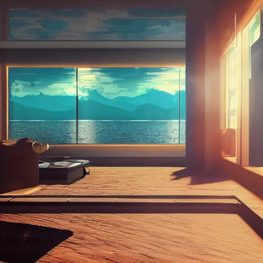 Image similar to retro virtual interior, crisp, artstation, luxury, beautiful, dim painterly volumetric aquatic sunset lighting, 3 d concept art