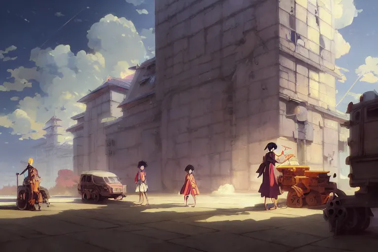 Image similar to baroque oil painting of key visual concept art of anime maids chaining captured pows to trucks, brutalist, dark fantasy, rule of thirds golden ratio, fake detail, trending pixiv fanbox, acrylic palette knife, style of makoto shinkai studio ghibli genshin impact james gilleard greg rutkowski chiho aoshima